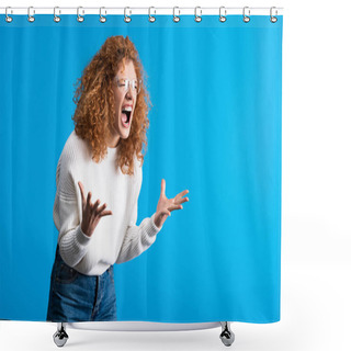 Personality  Angry Shouting Redhead Girl In Eyeglasses, Isolated On Blue Shower Curtains