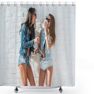 Personality  Two Pretty Girls Wearing Sunglasses In Summer Jeanswear Street Urban Casual Style Talking, Laughing Having Fun On The Background Of Brick Wall. Shower Curtains
