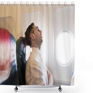 Personality  Side View Of The Sleeping Young Man Who Is Sitting On The Plane Near The Window Shower Curtains