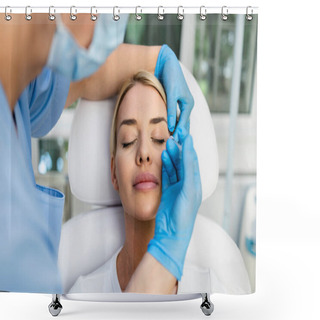 Personality  Attractive Woman Is Getting A Rejuvenating Facial Injections At Beauty Clinic. The Expert Beautician Is Filling Female Wrinkles By Botulinum. Shower Curtains