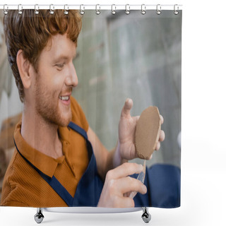Personality  Cheerful And Redhead Man In Apron Cutting Piece Of Clay With Knife Shower Curtains