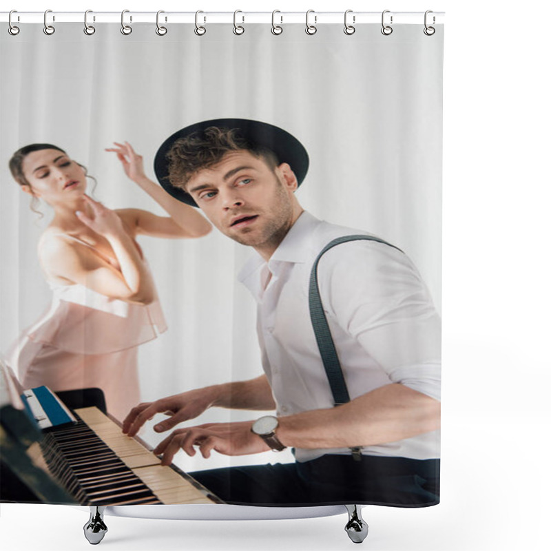 Personality  Selective Focus Of Musician Playing Piano While Young Ballerina Dancing In Pink Dress Shower Curtains