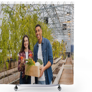 Personality  Positive Multiethnic Farmers Holding Ripe Vegetables Near Plants In Greenhouse  Shower Curtains