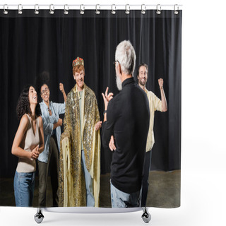 Personality  Cheerful Redhead Man In King Costume Near Multiethnic Actors And Art Director On Stage In Theater Shower Curtains
