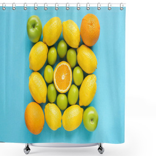 Personality  Top View Of Fresh Fruits On Blue Background Shower Curtains