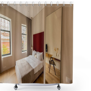 Personality  Envelope On Comfortable Bed Near Mirror In Hotel Room  Shower Curtains