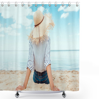 Personality  Rear View Of Woman In Straw Hat Relaxing On Sandy Beach  Shower Curtains