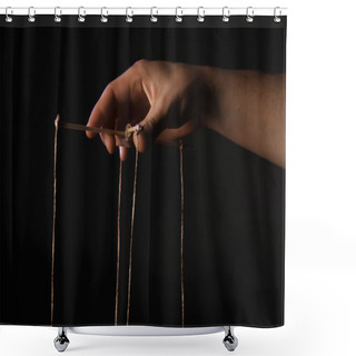 Personality  Hand Of Puppeteer On Dark Background Shower Curtains