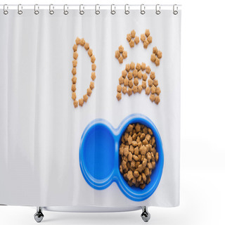 Personality  Top View Of Paw Shape Made Of Dry Pet Food Near Letter And Bowls Isolated On White Shower Curtains