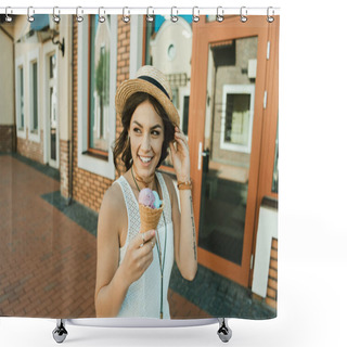 Personality  Young Woman Eating Ice Cream  Shower Curtains