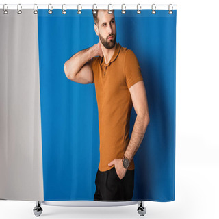 Personality  Handsome Stylish Man Posing In Shorts And Brown Polo On Grey And Blue  Shower Curtains