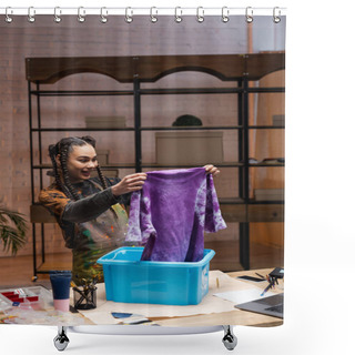 Personality  Smiling African Americn Designer Holding T-shirt Near Container In Workshop  Shower Curtains