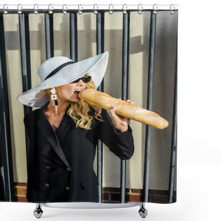 Personality  Beautiful Young Woman In Stylish Clothes Eating Baguette Shower Curtains