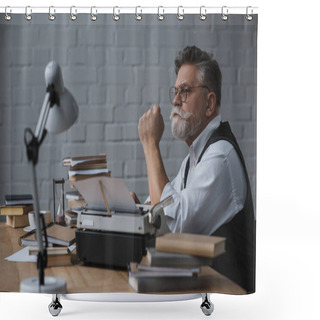 Personality  Thoughtful Senior Writer Sitting At Workplace And Looking Away Shower Curtains