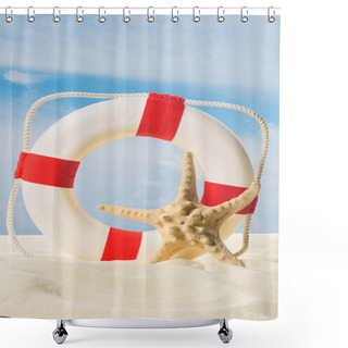 Personality  Life Ring And Starfish In Sand On Blue Sky Background Shower Curtains