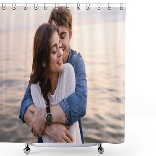 Personality  Young Man Hugging Brunette Girlfriend With Closed Eyes Beside Sea At Sunset  Shower Curtains