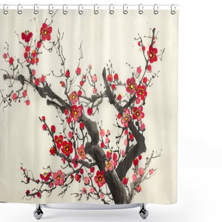 Personality  Branch Of Blooming Wild Plum On A Beige Background Shower Curtains