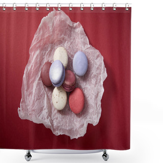 Personality  Top View Of Assorted Delicious Colorful French Macaroons On Crumpled Paper On Red Background Shower Curtains