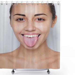 Personality  Beautiful Woman Sticking Out Her Tongue And Showing Young Piercing Shower Curtains