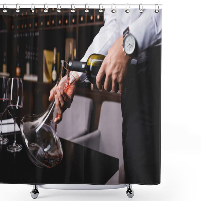 Personality  Cropped view of sommelier in shirt pouring wine from bottle in decanter shower curtains