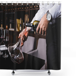 Personality  Cropped View Of Sommelier In Shirt Pouring Wine From Bottle In Decanter Shower Curtains