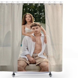 Personality  Pretty Woman Hugging Handsome Man During Summer Vacation, Couple Near White Tulle Of Beach Pavilion Shower Curtains