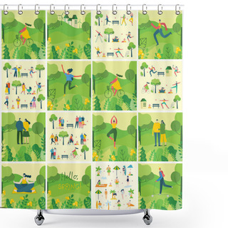 Personality  Vector Nature ECO Background With Different People, Couple Doing Activities, Sports, Yoga, Walking And Have A Rest Outdoor, In The Forest And Park In The Flat Style Shower Curtains