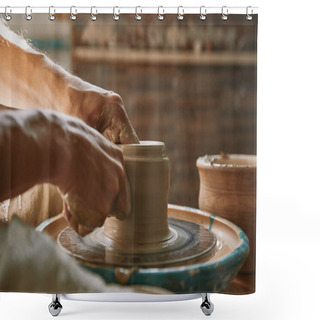 Personality  Close Up View Of Man Hands Working On Pottery Wheel At Workshop Shower Curtains