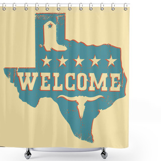Personality  Texas Welcome Map Silhouette With Bull Skull And Cowboy Boots On Old Paper Background. Vector Illustration Of Texas Map Blue Red Silhouette  Shower Curtains