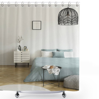 Personality  Breakfast On A Metal Table In Front Of A Bed With Sage Green Bedding In A Natural Bedroom Interior. A Beige Drawer Cabinet By The Bed. Black Lamp Hanging From A Ceiling. Real Photo Shower Curtains