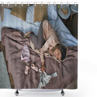Personality  Sorrow, African American Woman Crying Near Baby Clothes, Lying On Bed, Miscarriage Concept, Top View Shower Curtains
