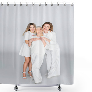 Personality  Full Length Of Three Generation Of Happy Women Smiling While Looking At Camera On Grey Shower Curtains