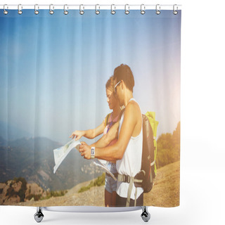 Personality  Male And Female Backpackers Are Searching New Way On Atlas During Their Summer Trekking Overseas Shower Curtains