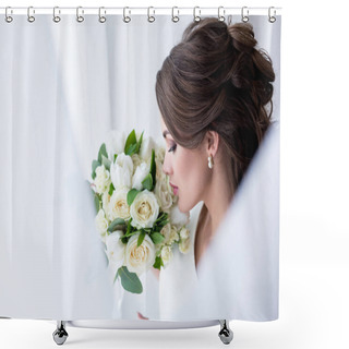 Personality  Attractive Brunette Bride Sniffing Wedding Bouquet Shower Curtains