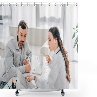 Personality  Female Doctor Showing Something On Laptop To Client In Office Shower Curtains