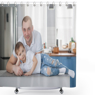 Personality  Father And Son Are Smiling While Spending Time Together. Little  Shower Curtains