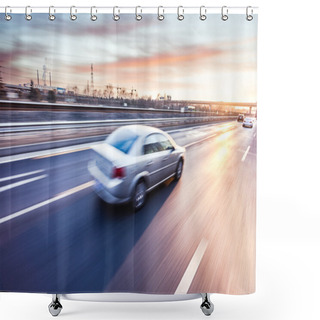 Personality  Car Driving On Freeway At Sunset, Motion Blur  Shower Curtains