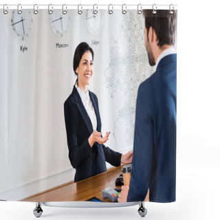 Personality  Selective Focus Of Happy Receptionist Gesturing While Looking At Man  Shower Curtains