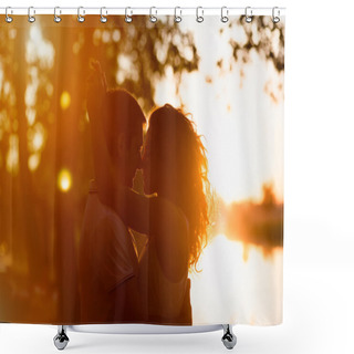 Personality  Young Beautiful Couple Embracing On A White Background Of A Sunset Shower Curtains