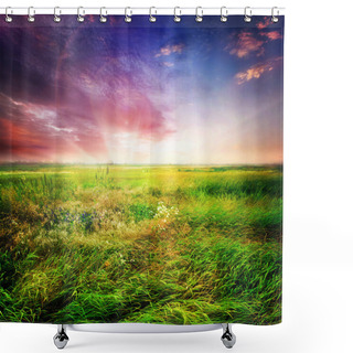 Personality  Green Field And Beautiful Sunset Shower Curtains