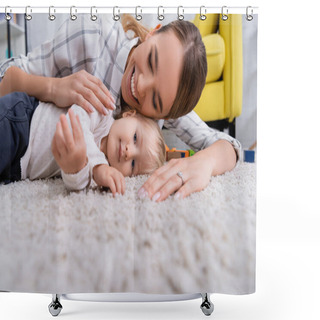 Personality  Surface Level Of Happy Mother With Little Son Lying On Carpet At Home, Blurred Foreground Shower Curtains