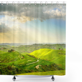 Personality  Tuscany, Rural Sunset Landscape. Countryside Farm, White Road And Cypress Trees. Shower Curtains