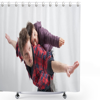 Personality  Young Father And Son Playing Together Portrait. Studio Shot Shower Curtains