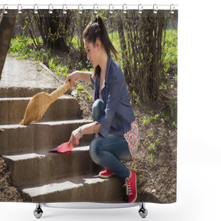 Personality  Girl Sweeps Steps Shower Curtains