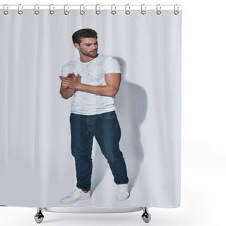 Personality  Handsome Young Man In Casual Wear Looking Away While Standing Against Grey Background Shower Curtains