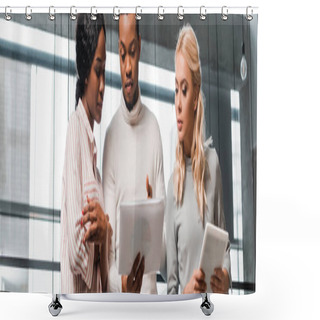 Personality  Panoramic Shot Of Young Multicultural Businesspeople Talking While Looking At Documents Shower Curtains
