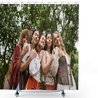 Personality  Low Angle View Of Smiling Multiethnic Women In Boho Outfits Hugging In Retreat Center Shower Curtains
