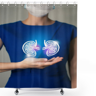 Personality  Woman In Blue Clothes Holding Virtual Kidneys In Hand. Handrawn Human Organ, Detox And Healthcare, Healthcare Hospital Service Concept Stock Photo Shower Curtains