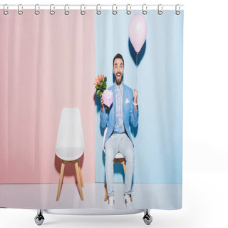 Personality  Handsome And Smiling Man Holding Balloon, Gift And On Bouquet Blue And Pink Background  Shower Curtains