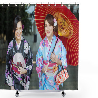 Personality  Two Beautiful Girls With Traditional Dress Walking Outdoors Shower Curtains